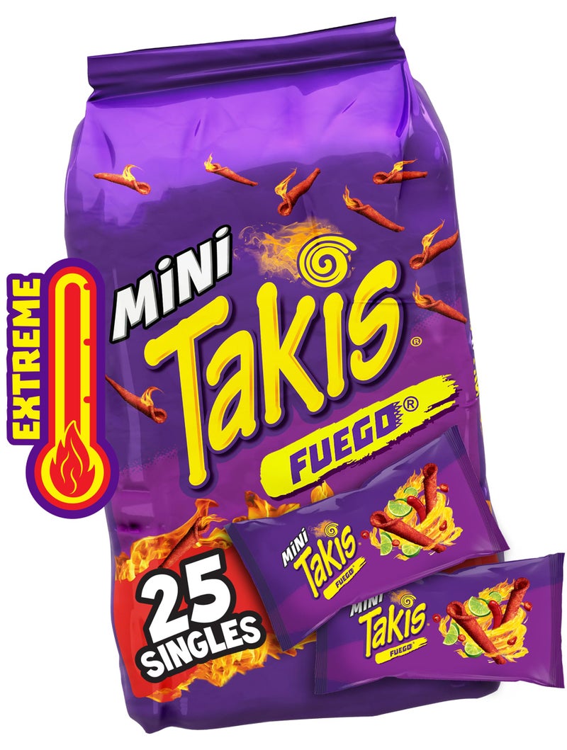 Taki's Takis Fuego Mini 25 pc / 1.23 oz Bite Size Multipack, Hot Chili Pepper & Lime Flavored Extreme Spicy Rolled Tortilla Chips - Image 1